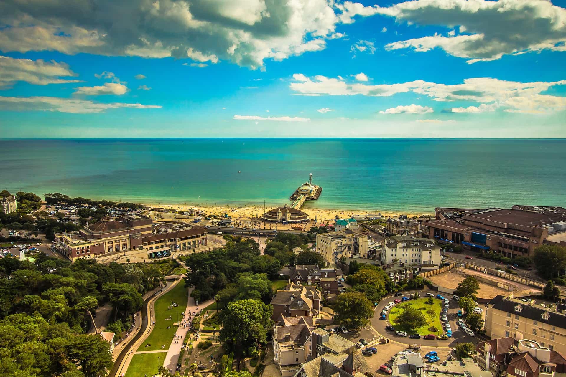 Bournemouth seafront, beach and pier from above, home to Christmas party venues