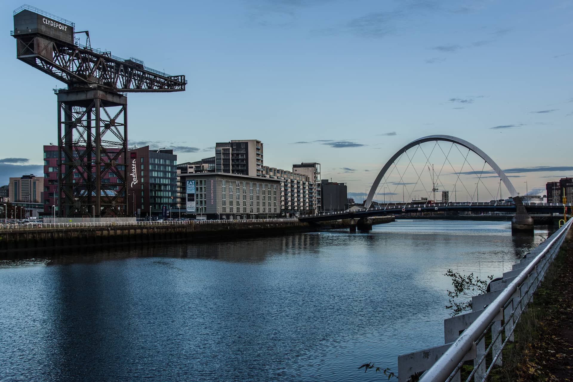 Glasgow's Clyde Arc bridge and Clydeport crane on the River Clyde, home to Christmas party venues
