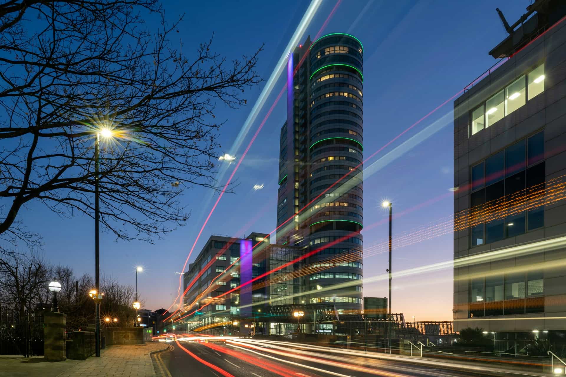 Leeds city centre at dusk with the Bridgewater Place tower, home to Christmas party venues