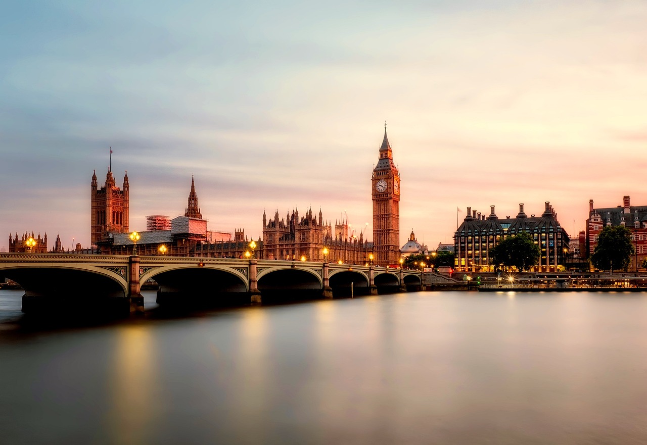 London skyline with Big Ben and the River Thames at dusk, home to Christmas party venues