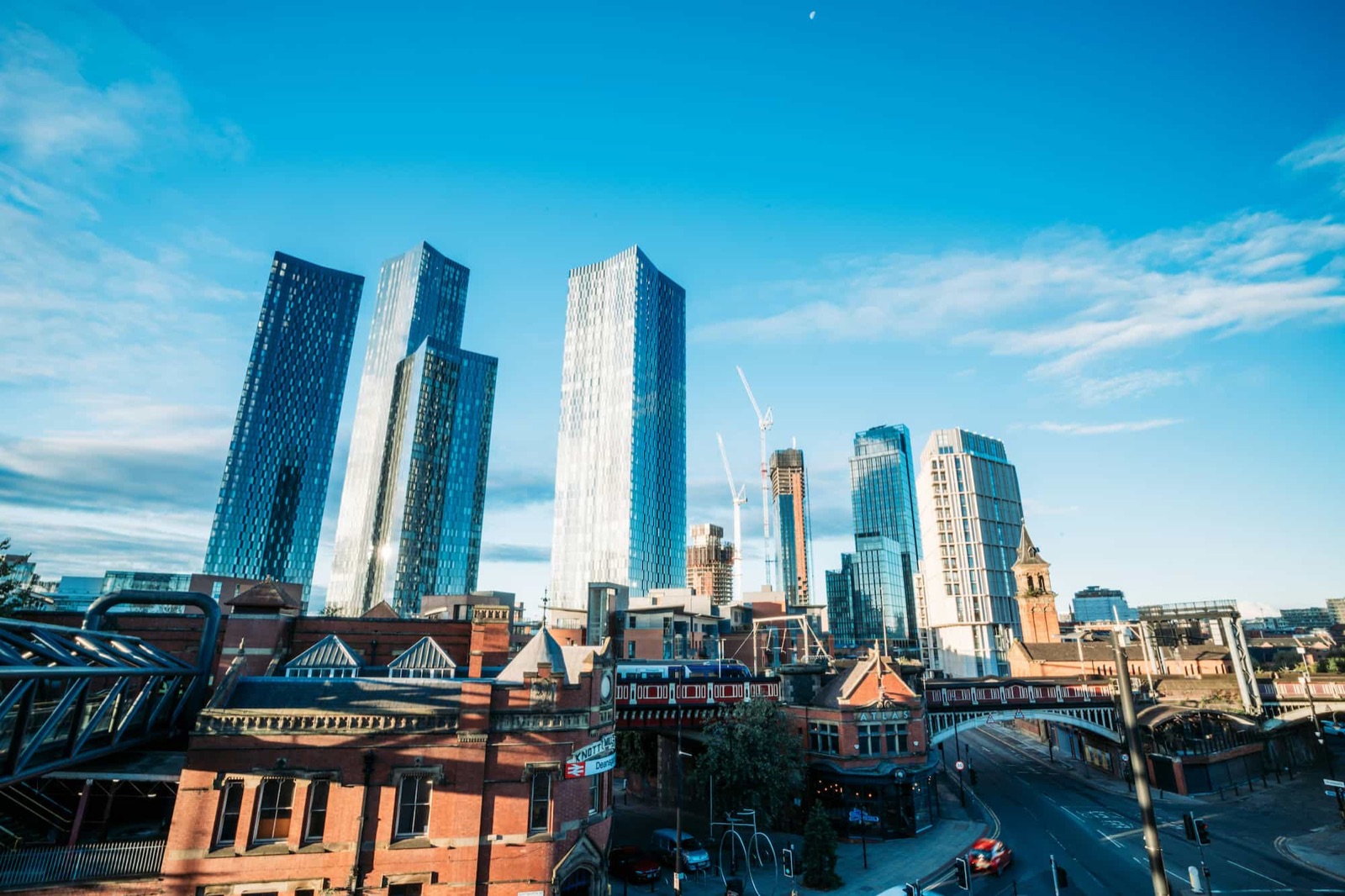 Manchester city centre skyline with Deansgate towers, home to Christmas party venues