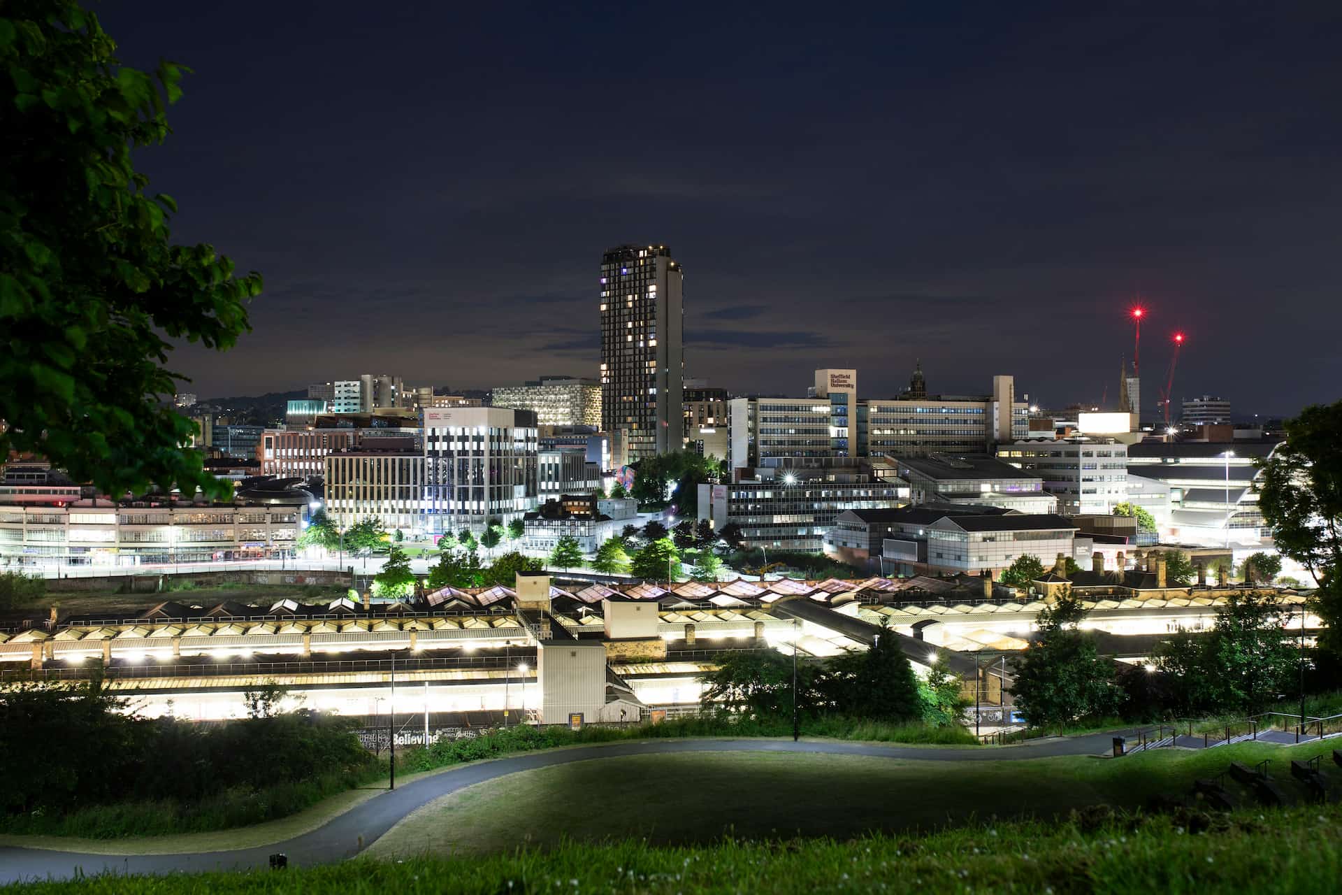 Sheffield city skyline at night, home to Christmas party venues