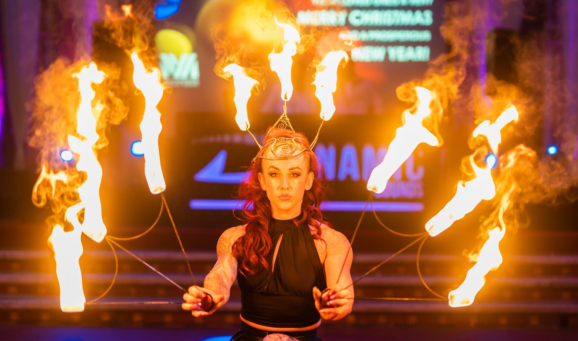 Fire performer on stage at Moonlight & Mistletoe Christmas party night at the Empire Banqueting Hall, Leicester