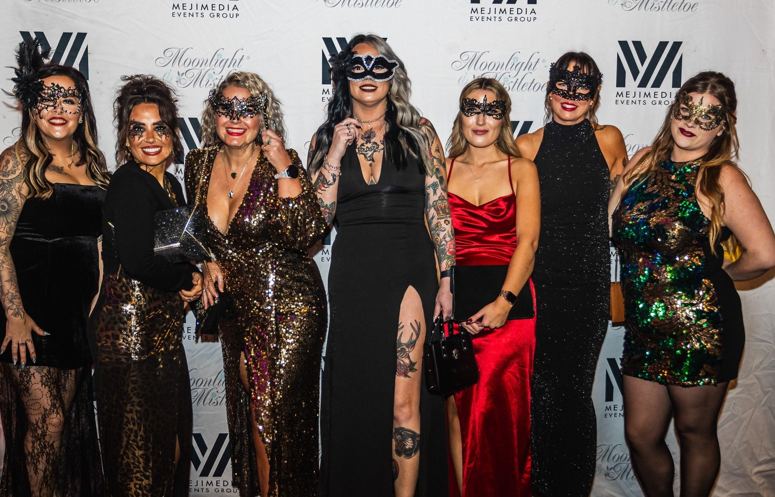 Guests in masquerade masks at Moonlight & Mistletoe Winter Masquerade Christmas party night at the ICB Wolverhampton