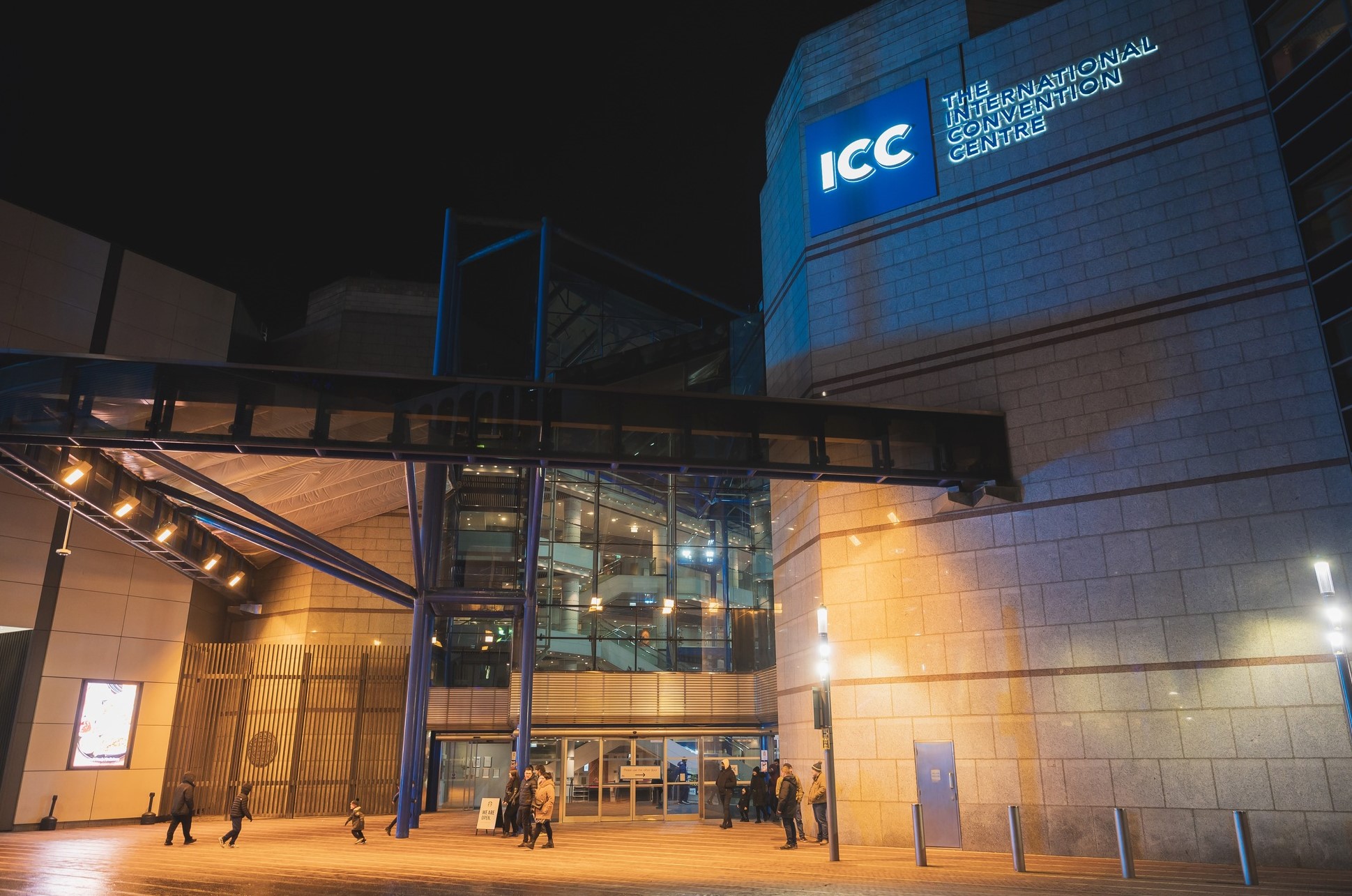 ICC Birmingham at night — Christmas party venue on Centenary Square, Birmingham