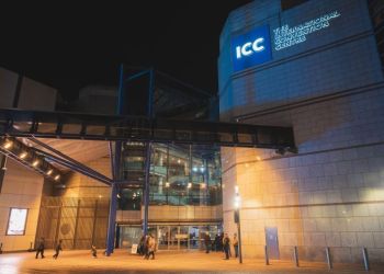 ICC Birmingham at night — Christmas party venue on Centenary Square, Birmingham